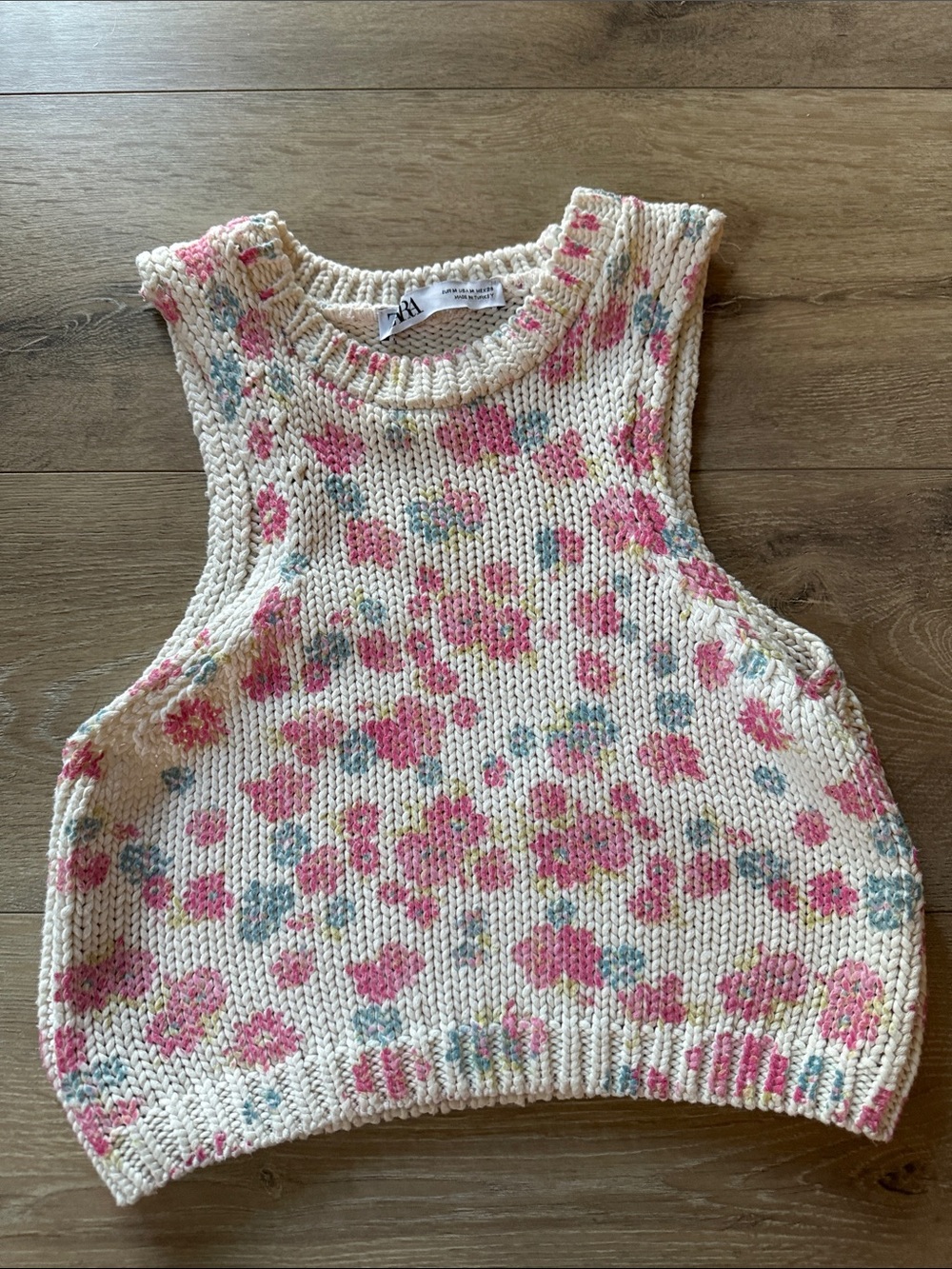 Zara Cream Floral Knit Crop Tank with Pink & Blue Accents